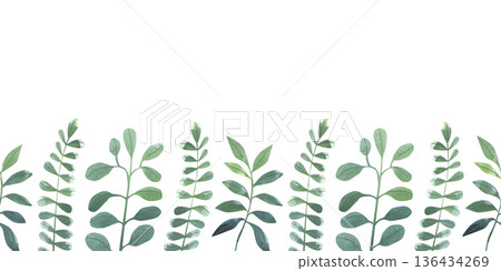 Seamless border with hand-drawn watercolor green branches and leaves. Spring and summer collection of colorful plants in a simple style. Seamless border with hand-drawn watercolor green branches and leaves. Spring and summer collection of colorful plants in a simple style. 136434269
