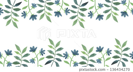 Seamless border with hand-drawn watercolor green branches, leaves, and flowers. Spring and summer collection of colorful plants in a simple style. 136434270
