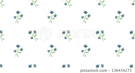 Seamless pattern featuring hand drawn watercolor illustrations of blue flowers. Spring, summer collection of colorful plants in a simple style. Seamless pattern featuring hand drawn watercolor illustrations of blue flowers. Spring, summer collection of colorful plants in a simple style. 136434271
