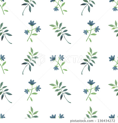 Seamless pattern with hand drawn watercolor illustrations of blue flowers and leaves. Spring, summer collection of colorful plants in a simple style. Seamless pattern with hand drawn watercolor illustrations of blue flowers and leaves. Spring, summer collection of colorful plants in a simple style. 136434272