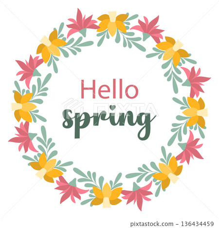 Festive card with round floral wreath and text Festive card with round floral wreath and text 136434459