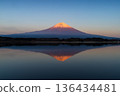 Mount Fuji reflected in Lake Shoji at dusk 136434481