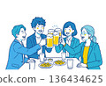插圖描繪了一場商務飲酒聚會和社交聚會，同事們舉杯慶祝的場景。 136434625
