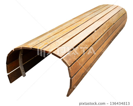 This wooden bench structure is cut out and placed on white background. It shows a simple design that can be used for various projects or illustrations 136434813