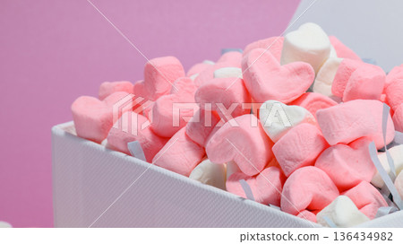 Heart-shaped marshmallows packed in a box Heart-shaped marshmallows packed in a box 136434982