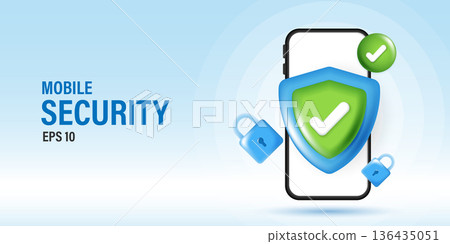 3D Mobile Security Concept Banner, Smartphone with Protective Shield and Padlocks for Cyber Security, Privacy Protection and Data Safety Landing Page UI UX Design Elements. 136435051