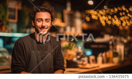 Smiling barista portrait in cozy coffee shop interior small business owner concept 136435075