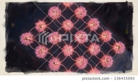 Regularly arranged illuminated cherry blossoms in full bloom and watercolor background 136435093