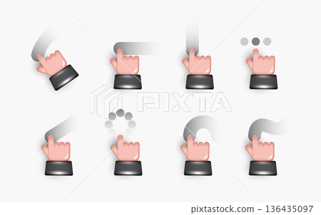 3D Vector Hand Gestures Set for Touch Screen Interface, Finger Pointing, Swiping, Scrolling and Loading Animation Symbols on White Background for Mobile App UI UX Design and Digital Marketing. 136435097