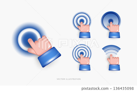 3D Vector Hand Click Set with Blue Touch Ripple Effects, Finger Pointing on Screen, Interactive UI UX Design Elements, Digital Pointer Icons for Mobile App and Website on White Background. 3D Vector Hand Click Set with Blue Touch Ripple Effects, Finger Pointing on Screen, Interactive UI UX Design Elements, Digital Pointer Icons for Mobile App and Website on White Background. 136435098