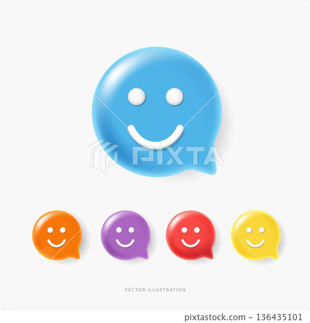 3D Vector Smiley Face Emoji in Speech Bubble Set, Colorful Glossy Chat Bubbles with Happy Smile Icons for Customer Feedback, Social Media Interaction and Communication UI UX Design. 3D Vector Smiley Face Emoji in Speech Bubble Set, Colorful Glossy Chat Bubbles with Happy Smile Icons for Customer Feedback, Social Media Interaction and Communication UI UX Design. 136435101