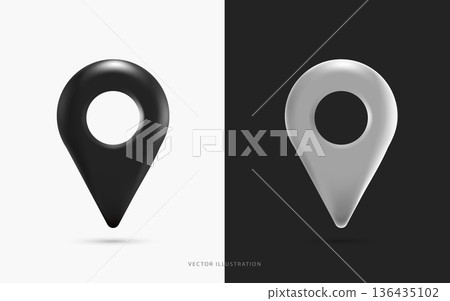 3D Vector Location Pin Map Pointer Icon Set, Black and White Glossy GPS Navigation Markers, Destination Point Symbols for Travel, Delivery App and Web Interface Design on Isolated Background. 136435102