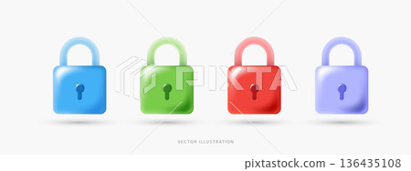 3D Vector Padlock Icon Set, Colorful Glossy Lock Symbols for Cyber Security, Privacy Protection, Data Safety and Web Interface Login UI UX Design Elements on White Background. 136435108