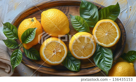 Wooden dish with fresh lemons with half a lemons with branch of leaves. Top view. 136435153