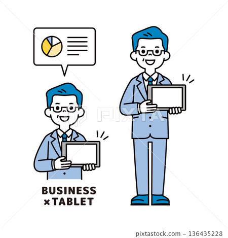 Vector illustration material set of presidents, managers and businessmen negotiating business by showing data on a tablet 136435228