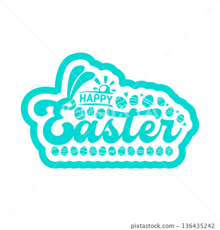 Happy Easter turquoise hand lettering typography with bunny ears and eggs, festive holiday calligraphy isolated on white background. Aesthetic Easter typography with rabbit ears sticker logo Happy Easter turquoise hand lettering typography with bunny ears and eggs, festive holiday calligraphy isolated on white background. Aesthetic Easter typography with rabbit ears sticker logo 136435242
