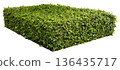 This cut-out green hedge shows a square shape with many leaves. It can be used in design projects for landscaping or to create garden scenes. This element fits well in nature-themed designs 136435717