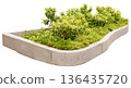 This plant bed features a mix of green plants in a curved concrete frame. It is designed for landscaping and gardening projects, suitable for various uses 136435720