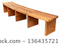 Curved wooden bench with smooth lines and a sturdy structure. This bench can be used in parks, gardens, or homes for comfortable seating during the day or night 136435721