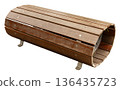 A wooden garden bench shaped like a barrel sits on a white background. It is designed for outdoor use and can be placed in yards or parks for seating 136435723