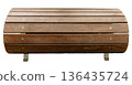 This object is a wooden bench with slats and metal supports. It appears cut out on a white background. It can be used for outdoor or indoor seating in various settings 136435724