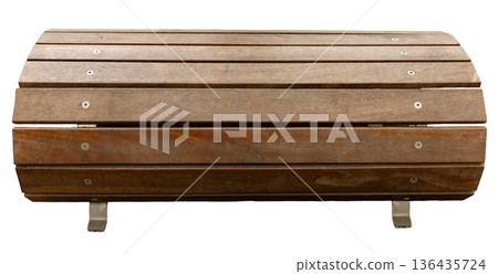 This object is a wooden bench with slats and metal supports. It appears cut out on a white background. It can be used for outdoor or indoor seating in various settings 136435724