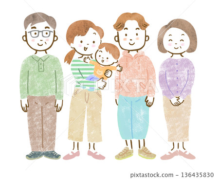 一幅三代同堂家庭的插圖:媽媽、爸爸和祖父母抱著一個嬰兒。 一幅三代同堂家庭的插圖:媽媽、爸爸和祖父母抱著一個嬰兒。 136435830