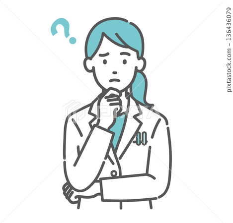 Illustration of a female doctor/pharmacist with questions (troubled face/question mark) Illustration of a female doctor/pharmacist with questions (troubled face/question mark) 136436079