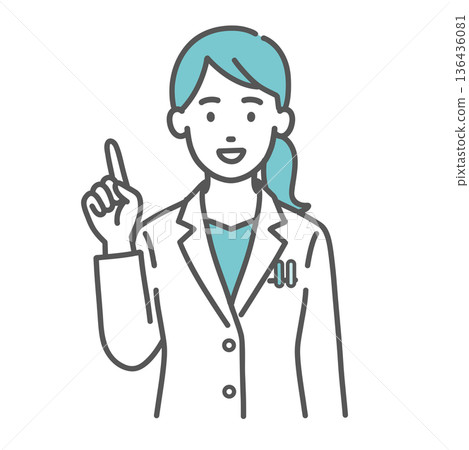 圖解:一位女醫師/藥師舉起食指進行解說(指向/引起注意) 圖解:一位女醫師/藥師舉起食指進行解說(指向/引起注意) 136436081