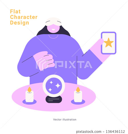 Flat character design with woman fortune teller reading crystal ball with tarot card and candles. Vector illustration for mystical, spiritual, fortune telling and prediction concepts. 136436112