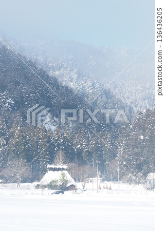 美山的茅草屋頂與雪景 136436205