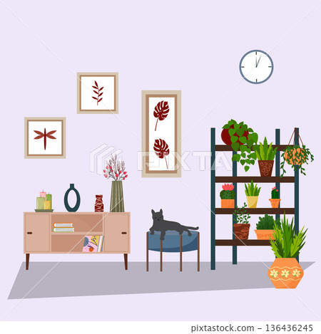 Cozy room interior with plants, home decor, furniture and a cat. Living room design. Flat interior vector illustration. Cozy room interior with plants, home decor, furniture and a cat. Living room design. Flat interior vector illustration. 136436245