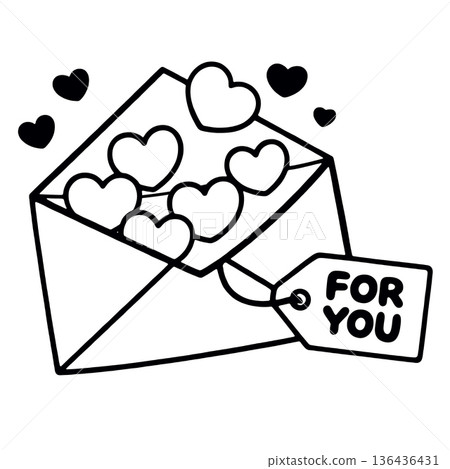 Open envelope heart love message romantic tag for you black white illustration cute 136436431