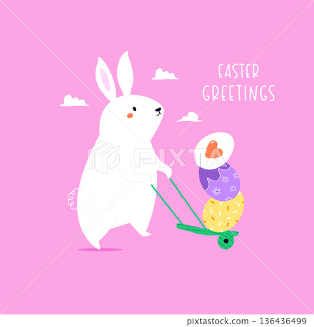 Easter Cartoon Bunny Pushing a Wheelbarrow with Stacked Patterned Egg Easter Cartoon Bunny Pushing a Wheelbarrow with Stacked Patterned Egg 136436499