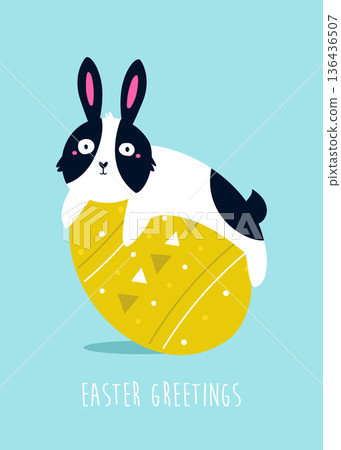 Easter Cartoon Bunny Character Laying on a Patterned Egg. Playful Vector Cartoon Graphic Easter Cartoon Bunny Character Laying on a Patterned Egg. Playful Vector Cartoon Graphic 136436507