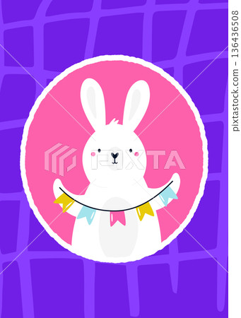 Easter Cartoon Bunny with Festive Bunting Flag. Joyful Animal Portrait for Spring Celebration Easter Cartoon Bunny with Festive Bunting Flag. Joyful Animal Portrait for Spring Celebration 136436508