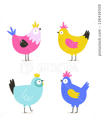 Easter Cartoon Hen and Chicken Set. Whimsical Spring Bird Illustration 136436509