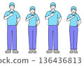 一組簡單的線條向量插圖，描繪了微笑、自信滿滿的男女工人，他們雙手叉腰，全身像。 136436813