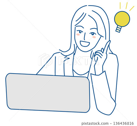 A line drawing of a woman in a suit with an expression of inspiration while working on a computer A line drawing of a woman in a suit with an expression of inspiration while working on a computer 136436816