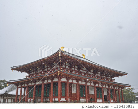 The beauty of Kofuku-ji Temple's Chukondo Hall, its vermilion color shining against the snowy sky The beauty of Kofuku-ji Temple's Chukondo Hall, its vermilion color shining against the snowy sky 136436932