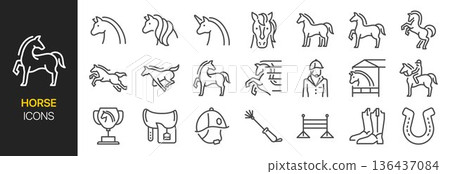 Horse icon set. It included pony, sport, horseshoe horse ride, saddle, helmet, and more icons. Editable Vector Stroke. 136437084