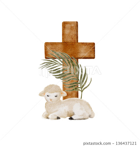 Lamb resting near wooden cross watercolor illustration on white background, Christian Easter clip art for church materials, religious prints, faith-based design, and worship visuals.Soft natural tones 136437121