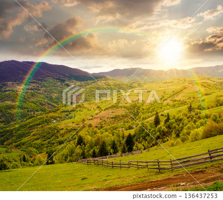 rolling hills of rural landscape in green grass at sunset. wooden fence in mountains in evening light. alpine countryside in spring. cloudy sky. hope, expectation, new beginning and bright future 136437253