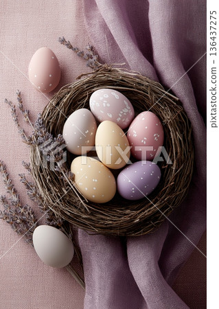 Bird nest with colorful pastel Easter eggs wallpaper. Bird nest filled with pastel speckled and plain Easter eggs on purple fabric Bird nest with colorful pastel Easter eggs wallpaper. Bird nest filled with pastel speckled and plain Easter eggs on purple fabric 136437275