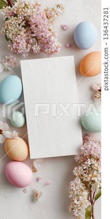 Blank stationery card mockup with pastel Easter eggs and spring flowers. Easter greeting card template. Blank card surrounded by colorful Easter eggs and delicate spring flowers on pastel background Blank stationery card mockup with pastel Easter eggs and spring flowers. Easter greeting card template. Blank card surrounded by colorful Easter eggs and delicate spring flowers on pastel background 136437281