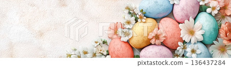 Blank stationery card mockup with pastel Easter eggs and spring flowers. Easter greeting card template. Blank card surrounded by colorful Easter eggs and delicate spring flowers on pastel background Blank stationery card mockup with pastel Easter eggs and spring flowers. Easter greeting card template. Blank card surrounded by colorful Easter eggs and delicate spring flowers on pastel background 136437284