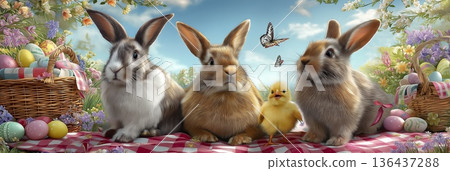 Bunnies and chick celebrating Easter in spring garden. Cute rabbits and a yellow chick sitting with Easter eggs in a vibrant spring garden with flowers Bunnies and chick celebrating Easter in spring garden. Cute rabbits and a yellow chick sitting with Easter eggs in a vibrant spring garden with flowers 136437288