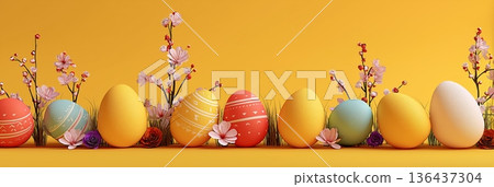 Colorful Easter eggs celebrating spring holiday with blooming flowers. Easter wallpaper. Bright Easter eggs and blossoming branches creating a festive spring holiday scene on a yellow background 136437304