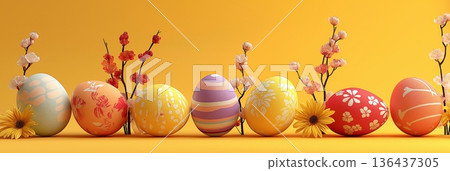 Colorful Easter eggs celebrating spring holiday with blooming flowers. Easter wallpaper. Bright Easter eggs and blossoming branches creating a festive spring holiday scene on a yellow background 136437305