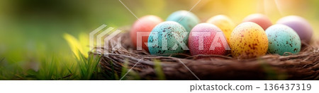 Colorful Easter eggs nesting on spring grass with sunshine wallpaper. Speckled colorful eggs resting in a bird nest on green moss with bright sunlight 136437319